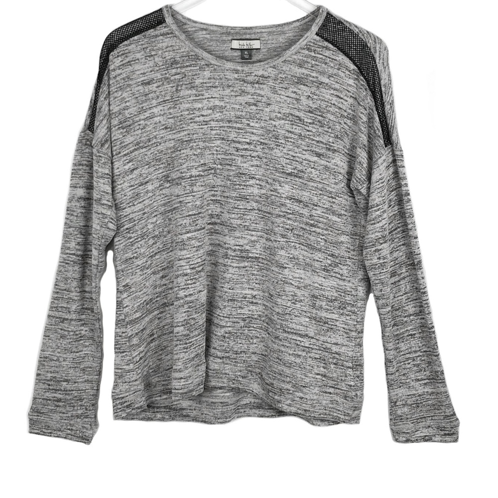Nicole Miller Gray Mesh Shoulder Long Sleeve Top